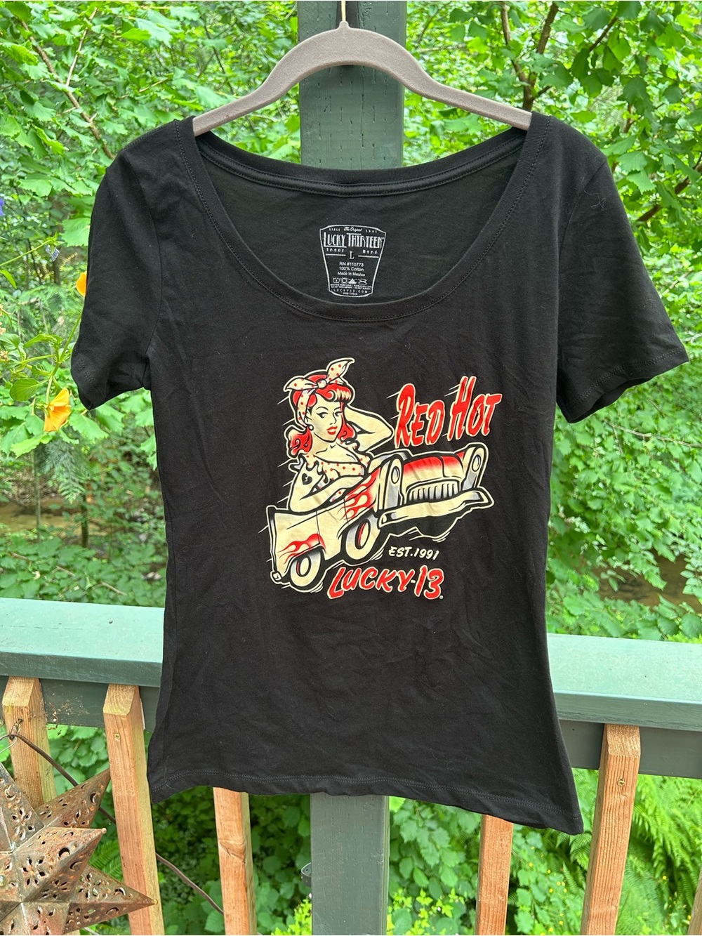 Lucky 13 "Red Hot" Pinup Graphic Tee - Black with Red & Cream Print